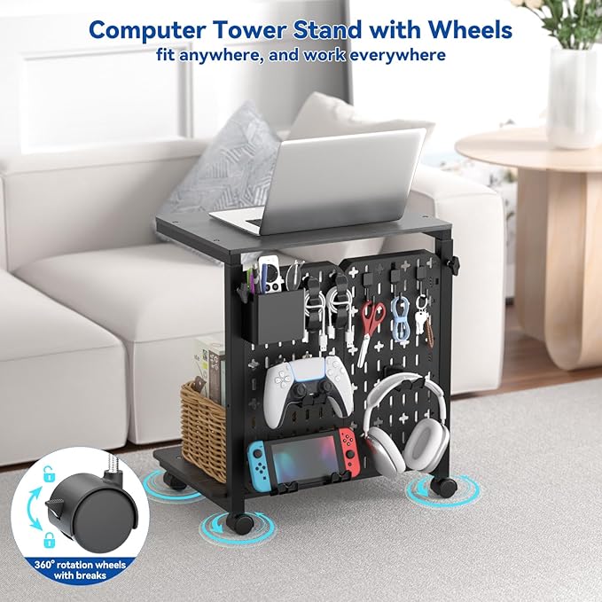 Computer Tower Stand with Pegboard Organizer, Height Adjustable 2-Tier PC Tower Shelf for Floor with Accessories, CPU Holder Cart with Locking Wheels for Most PC Gaming Home Office, 24.2-29.5"