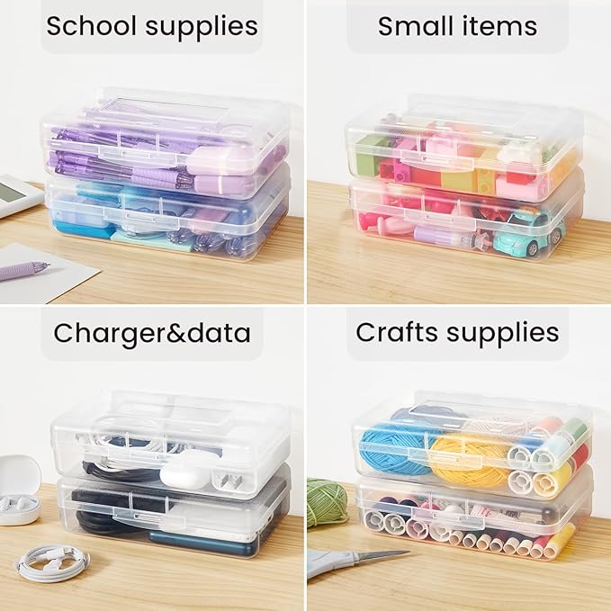 6 Pack Pencil Box, Sooez School Box, Hard Pencil Boxes for School Supplies Bulk, Large Plastic Pencil Case with Lid, Clear Pencil Container, Stackable School Box Crayon Boxes Bulk for Kids, Pink