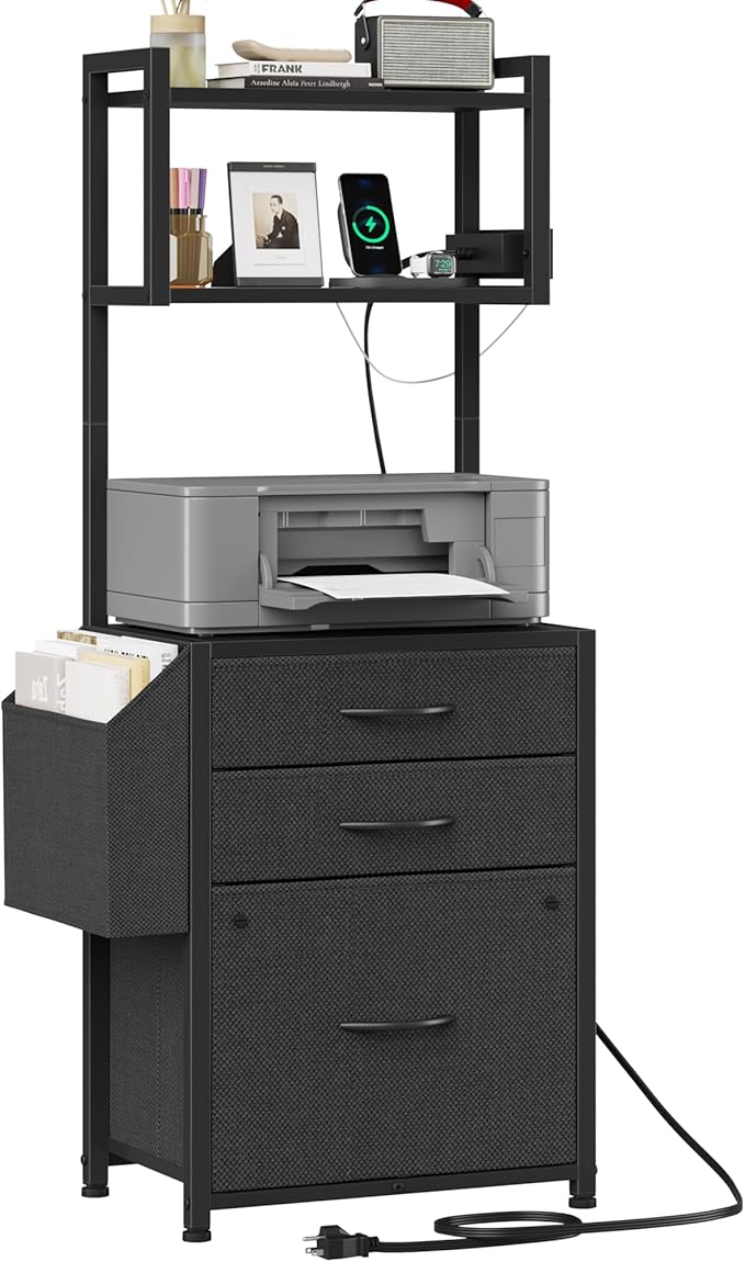 HIGDBFE Small 3 Drawer File Cabinet with Charging Station, 45''H, 3-Tier Filing Cabinet for Home Office, 11''*16'' for Small Printer, Fabric Drawer Fits Letter/A4, Tall Printer Stand, Black