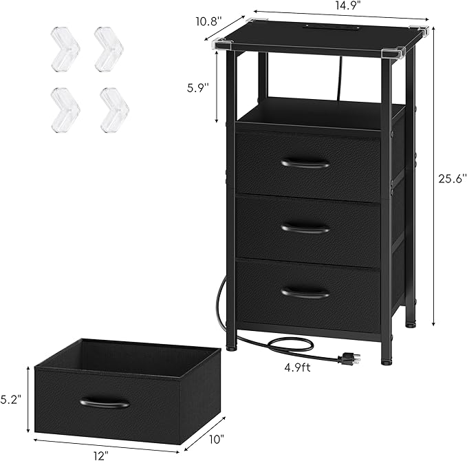 Vagusicc Night Stand with Charging Station, LED Nightstand for Bedroom, Bedside Table with 3 Fabric Drawers, End Table Side Table with USB Ports and Outlets, Bed Side Table for Bedroom, Black