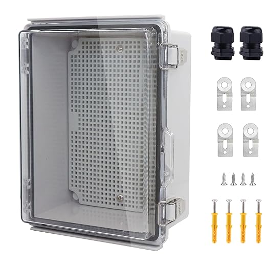 IP67 Waterproof Junction Box, ABS Plastic Electrical Enclosure with Stainless Steel Latch, Hinged Clear Cover Electric Box with Mounting Plate, Wall Brackets & Cable Glands 220x170x110mm