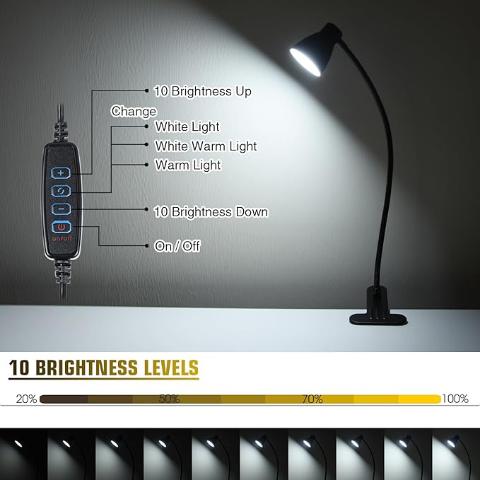 2 Pack Clip Desk Lamp, Ultra-Flexible Gooseneck Clip Reading Lights, 3000K-6500K Adjustable Color Temperature & Brightness, 6W Eye-Care LED for Office, Study, Bedside(USB Adapter Included)