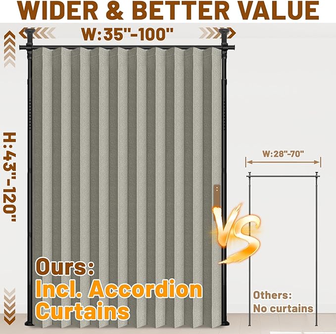 AJAZZ Privacy Curtains for Room Divider with Blackout & Soundproof (Grey, W100 x L84 in, 1 Panel)+ No Drill Curtain Rods(H) 43-120×(W) 35-100 in, Wall Divider for Bedroom/Studio/Office Curtain