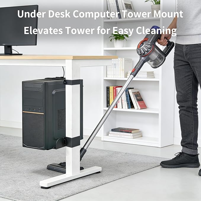 Desktop Under Desk PC Holder(40 lb Load Capacity), No Drilling Suspended Bracket, Clamp-on Desk Leg PC Mount, Under Table Computer Mount, Adjustable Computer Tower Stand for 80mm×50mm Legs