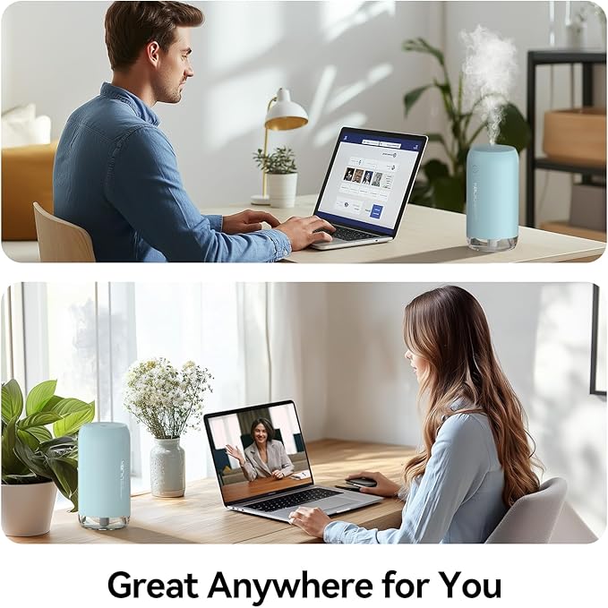 Portable Mini Humidifier, KQLKJ 350ml Small Cool Mist Humidifier, USB Personal Desktop Humidifiers for Bedroom Car Office Travel with Auto Shut-Off & 2 Mist Modes (Blue)