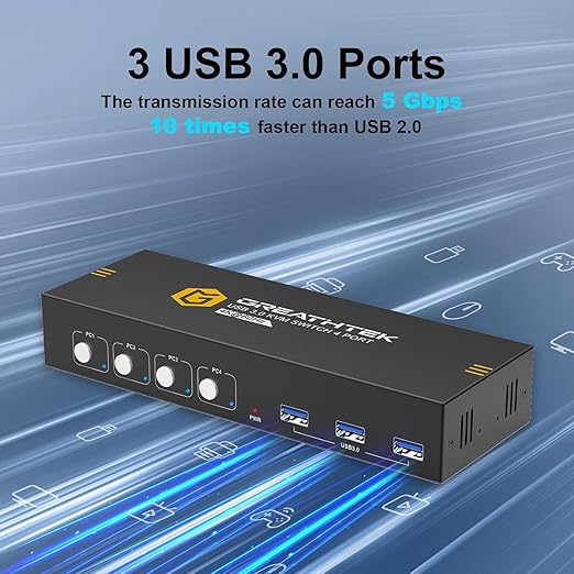 HDMI KVM Switch 4 Computers 2 Monitors with 3 USB3.0 Ports, 4K@60Hz Dual Monitor KVM Switch 4 Port for 4 PCs Share 2 Monitors, Support Button Switch, Adaptive EDID, 4 in 2 Out