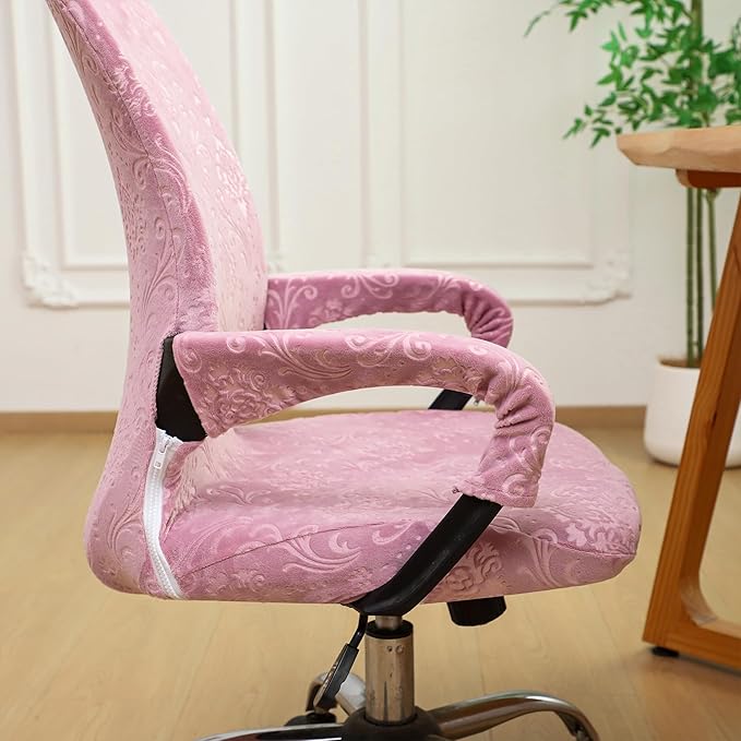 Velvet Pink Office Chair Cover with Armrest Cover 18Inch Wide Stretch Small Desk Computer Chair Covers with Long Zipper Arm Slipcovers Washable