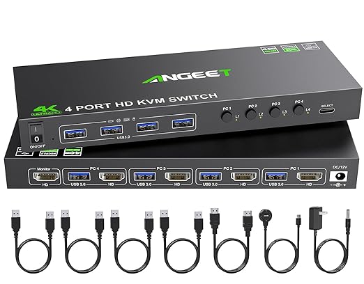 4 Port HDMI KVM Switch 4K@60Hz, Simulation EDID, ANGEET USB3.0 KVM Switches for 4 Computers Share 1 Monitor and Keyboard Mouse Printer, with Wired Remote,12V Power Adapter and 5 Cables