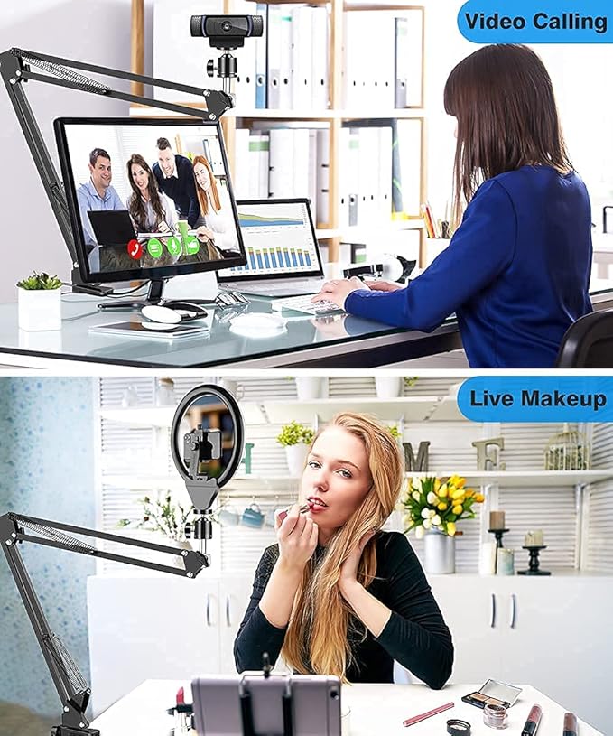 Webcam Stand, Boom Arm Camera Mount Stand for Logitech Webcam BRIO 4K C920 C920S C922 C922x C925e C930 NexiGo N60, 1/4"-3/8" and 3/8"-5/8" Screw for Blue Yeti Snowball Yeti Nano and Other Mics
