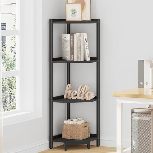 Hzuaneri Corner Shelf Stand, Corner Bookshelf, Storage Standing Shelf Unit with Metal Frame, Plant Stand, Bookcase for Living Room, Home Office, Bedroom, 4-Tier Black CS05806B