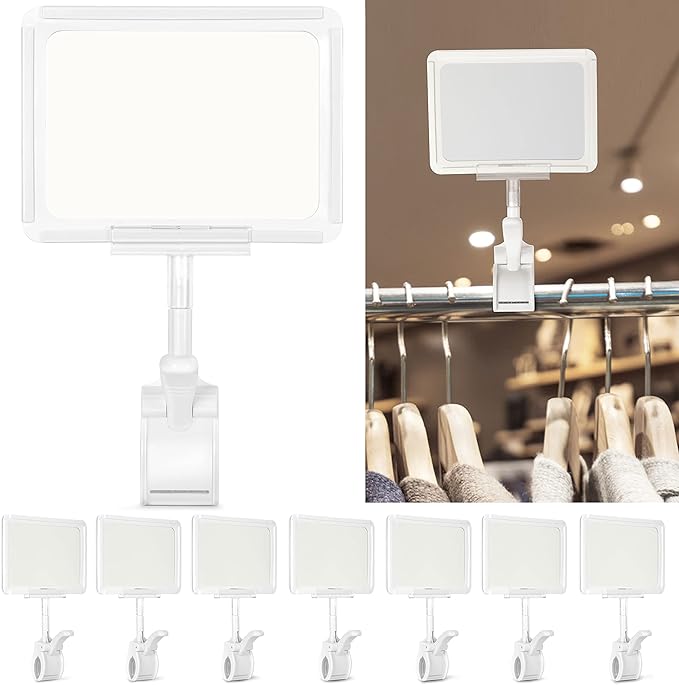Mlici Acrylic Sign Holder with Clamp, 6 x 9 Inch Double Head Display Clips with PVC Card Protector, Rotating Sign Price Tag Clip On Sign Display for Hangrails or Tubes (Pack of 7) (White)
