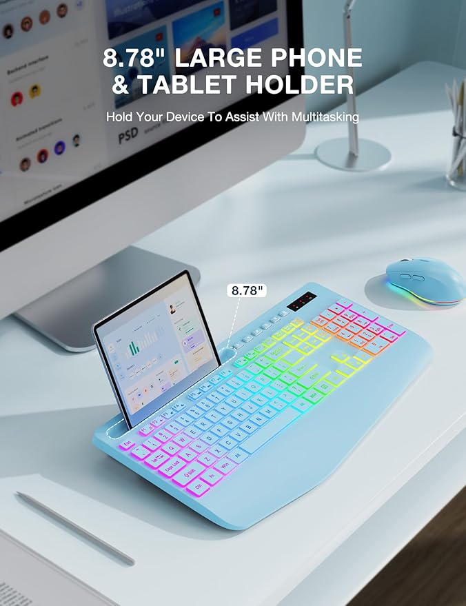 Wireless Keyboard and Mouse Combo, 9 Backlit Effects, Wrist Rest, Phone Holder, 3 DPI Speed, 2.4G Ergonomic Keyboards, KM22 MAX Rechargeable Silent Set for Computer, Laptop, Mac, Windows, Blue-SABLUTE