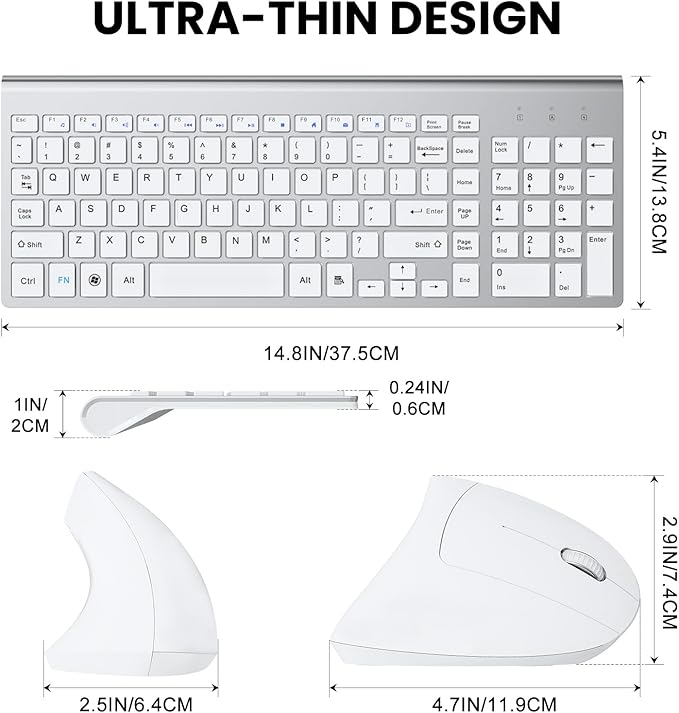 2.4GHz Wireless Vertical Ergonomic Mouse and Keyboard Combo Ultra-Thin Portable Size for PC Desktop Computer Laptop Mac Tablet (A) (Right) (White)