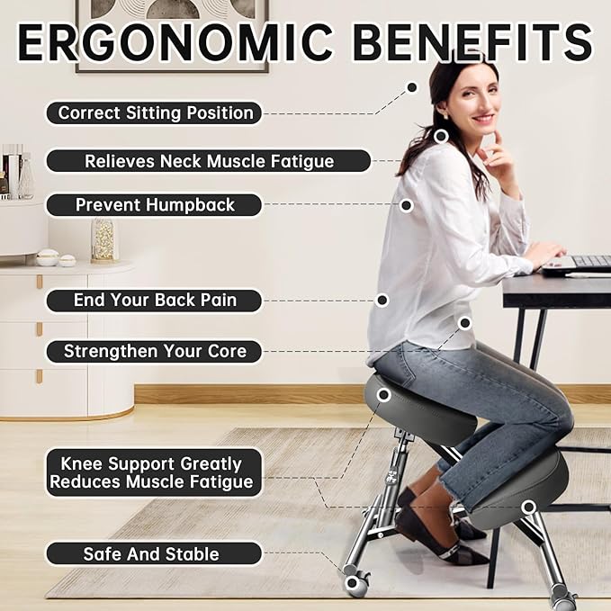 PU Leather Ergonomic Kneeling Chair, Adjustable Home and Office Stool with Thick Pads and Flexible Lockable Brake Wheels for Back Pain Relief (Light Black)