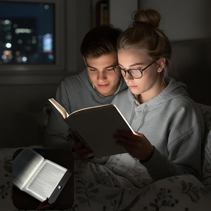 LED Flat Book Light for Reading in Bed, Eye-Caring Books Lights, 3 Color Temperatures & Stepless Dimmable, Portable Flat Panel Lamp Page, USB Rechargeable Night Light for Kids & Adults (White)