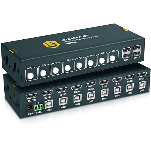 8 Ports HDMI KVM Switch, 8 Computers Share 1 Monitor Keyboard and Mouse, USB2.0 4K@30HZ 8 in 1 Out Monitor Switch with Hotkeys, Adaptive EDID