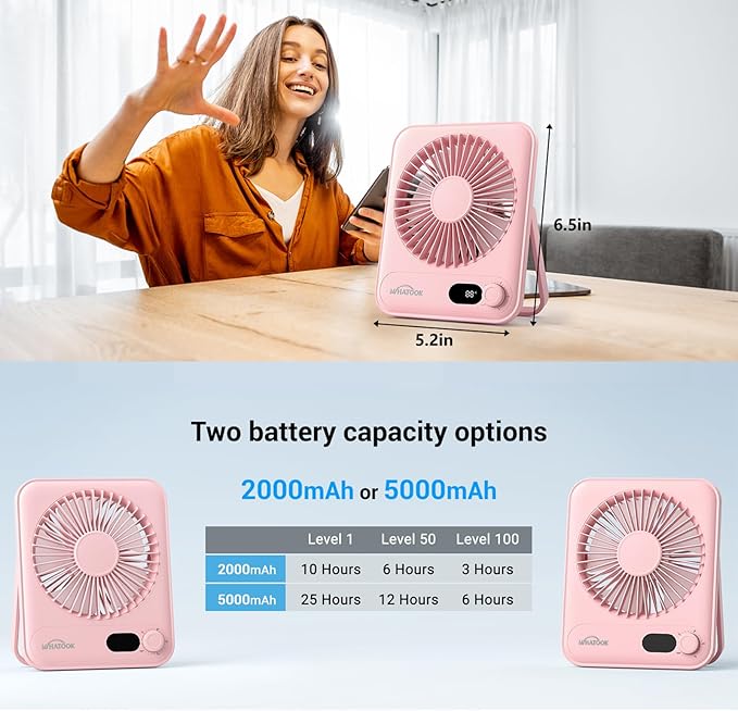 WHATOOK Desk Fan 2 Pack: 100 Speeds Stepless Control 2000mAh Battery Operated Portable Fan, Rechargeable Table Fan for Cruise Ship Essentials, Gift for Couples, Dorm, Office, Bedroom(Pink and Purple)