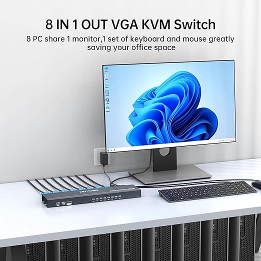 MT-VIKI KVM Switch 8 Port, 8X1 Rackmount KVM Switch VGA, Included 8 2-in-1 KVM Cables & Wire-Desktop Selector & Power Adapter, Fit 1U 19'' Rack
