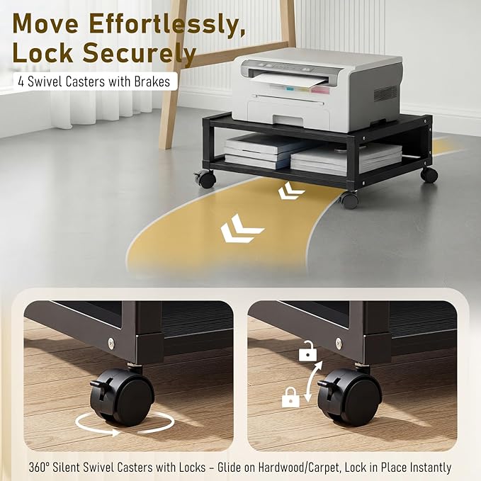 Zonon 2 Tier Printer Stand Under Desk with Lockable Wheels 19.7x15.7x7.9 Inch Rolling Printer Table Cart Under Desk Movable Wood-Based Panel Short Storage Shelf for Home Office Organization