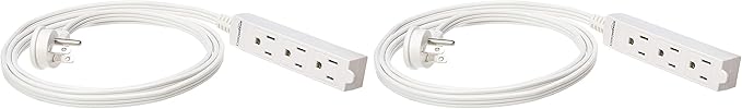Amazon Basics 3-Prong Indoor Rectangle Extension Cord Power Strip, Flat Plug, Space-Saving, Grounded, 13 Amps, 1625 Watts, 125 VAC, 6 ft, White, 2-Pack