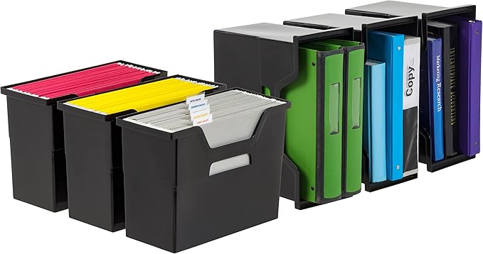 IRIS USA Medium Portable Desktop File Box with Open Lid, 6 Pack, Side Handles, Hanging File Folders, Tabs & Inserts, Letter Size, Magazines, Newspapers, Mail, Books, Notebooks, Black