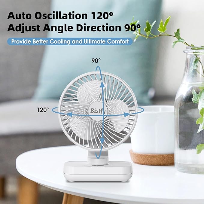 Desk Fan 5.5'' Small Fan Ultra-Silent, 120° Oscillating, 90° Adjustable Head Tilt, with Digital Display 4 Speed Portable USB Rechargeable Table Fan Ideal for Home, Bedroom, Office (White)
