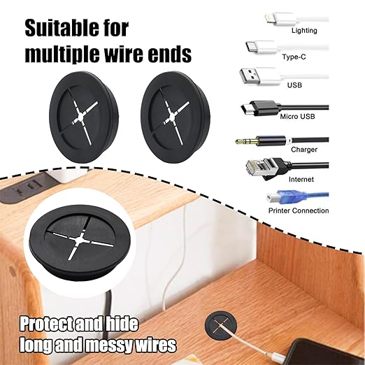 6 Pcs 50mm / 2 Inch Black Cable Cord Grommets, Rubber Desk Grommets for Table Computer Desk Wire Organizer TV Console and Other Furnitures Cover