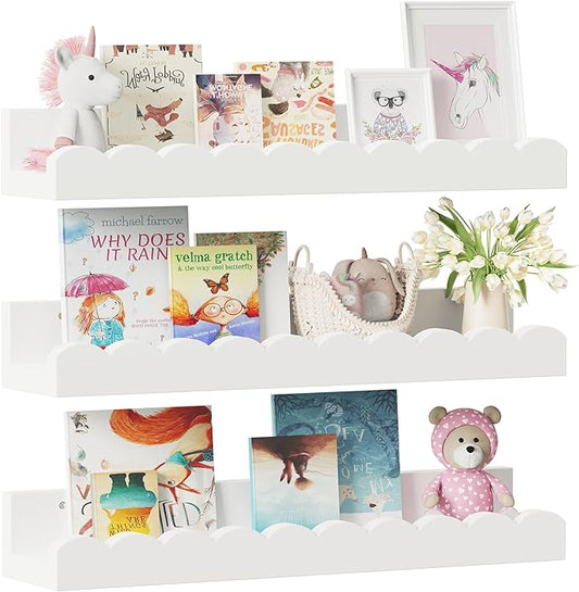 3-Pack Scalloped Shelves, Nursery Shelves for Wall, Floating Nursery Book Shelves for Kids, White