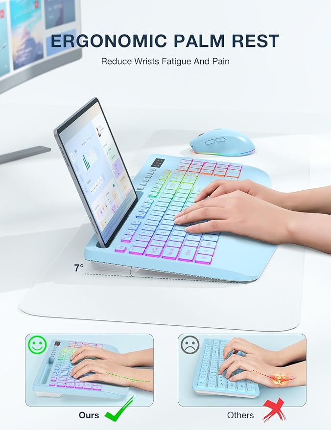 Wireless Keyboard and Mouse Combo, 9 Backlit Effects, Wrist Rest, Phone Holder, 3 DPI Speed, 2.4G Ergonomic Keyboards, KM22 MAX Rechargeable Silent Set for Computer, Laptop, Mac, Windows, Blue-SABLUTE