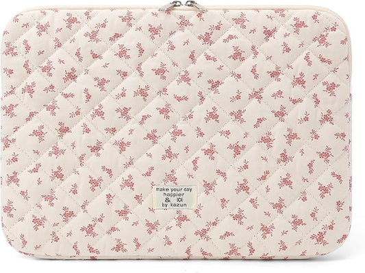 Puffy Laptop Sleeve 13 Inch Cute Quilted Laptop Protective Case Padded Floral Computer Sleeve for MacBook (A-Pink, 13 Inch)