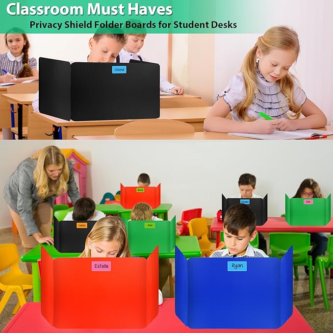 24 Pack Desk Dividers for Students with 40 Labels, Foldable Waterproof Classroom Privacy Shields Desk Privacy Panel, Plastic Folder Desk Divider for Testing Offices Classroom Teachers Supplies