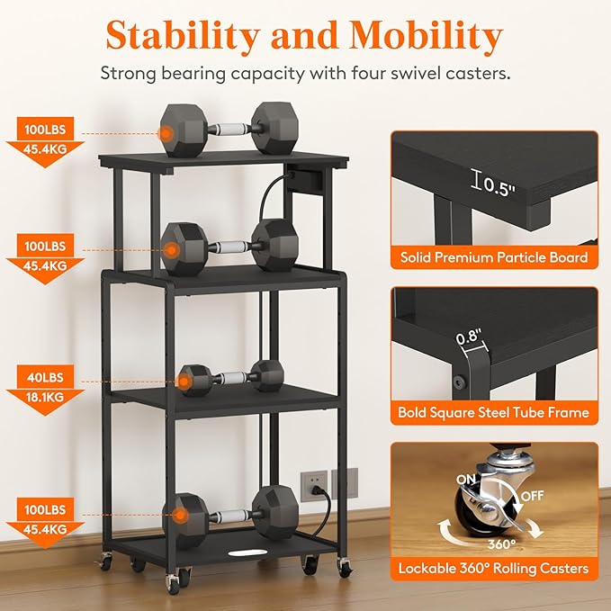 Lifewit 4 Tier Printer Stand with 3 Power Outlets, Wheels and Adjustable Storage Shelf for Home Office, Rolling Printer Cart for Shredder, Scanner, Fax, Hold 340lbs, Black