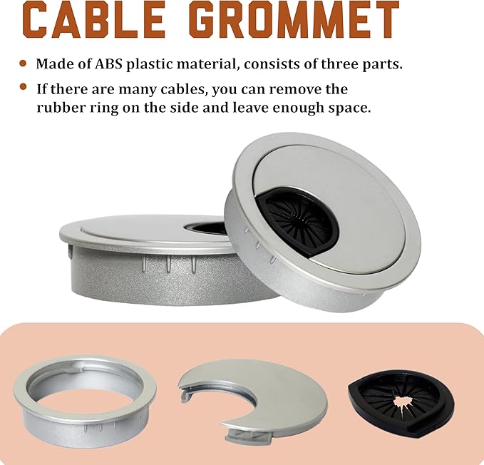 Signite 5 Pcs Plastic Desk Cable Grommet 2-1/2" – Durable Desk Hole Cover for Wire Management, Desks Cord Grommet for Workstations, Tables, Countertops 60mm Hole Cover for Home & Office Use - (Silver)