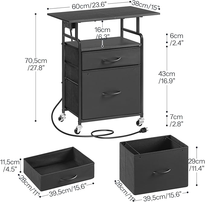 HOOBRO Printer Stand, Printer Table with Drawers, Mobile Filing Cabinet with Charging Station, Printer Cart for Home Office, Living Room, Black BB15UPS01