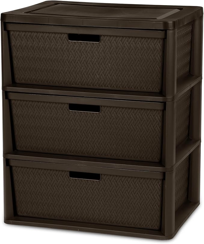 Brown Storage Drawer, 3 Drawer Plastic Weave Wide Tower with Pull Handles