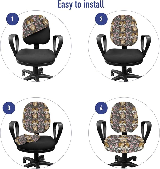 Ambesonne Dog Lover Office Chair Slipcover, Doodle Pattern of Puppy with Bone and Hearts, Protective Stretch Decorative Fabric Cover, Standard Size, Taupe Grey