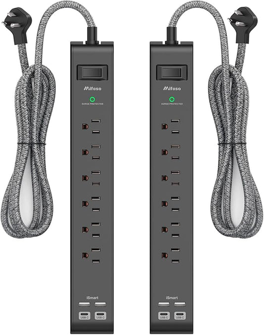 2 Pack Surge Protector Power Strip, Slim Flat Plug, Braided Extension Cord, 5-Foot, 900 Joules, 6 Outlets 4 USB Ports, Wall Mount for Home Office Dorm