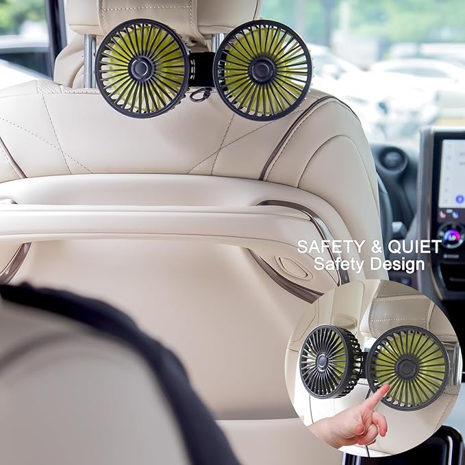 XOOL Car Fans for Backseat Kids- Dual Head USB Cooling Car Fan, 360° Rotatable Car Rear Headrest Fan, Car Seat Fan with Adjustable Clip for SUV RV Vehicles Truck