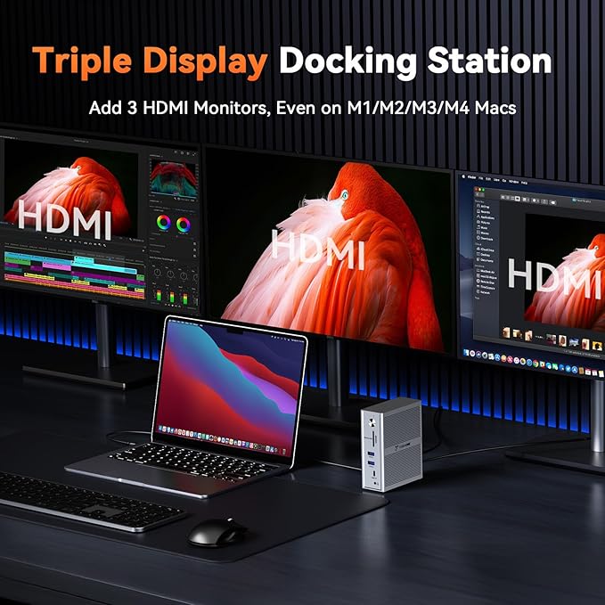TobenONE DisplayLink Docking Station 3 Monitors, 14-in-1 Triple Monitor Dock for M1-M5 MacBook/Mac mini, Windows, Chrome (3HDMI, 120W Power Supply, 5 USB, Home Office & Professional Workspace)