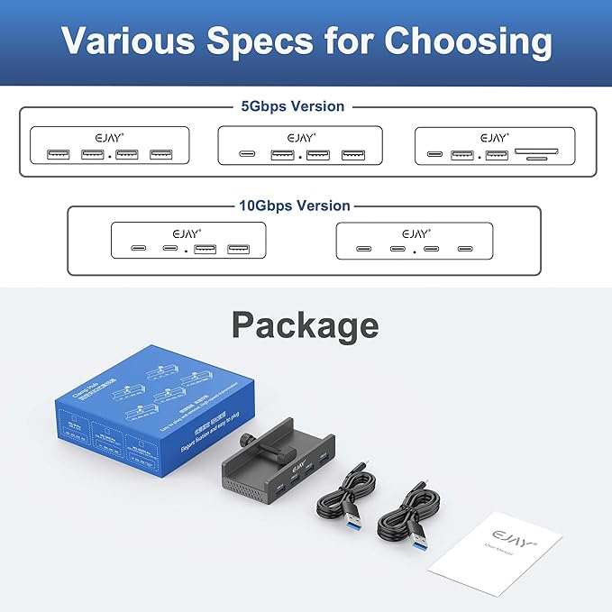 EJAY 4-Port USB 3.0 Hub with Clamp, High-Speed Data Transfer, Extra Power Supply Port, 59in Data & 39in Power Cables for Desk/Monitor