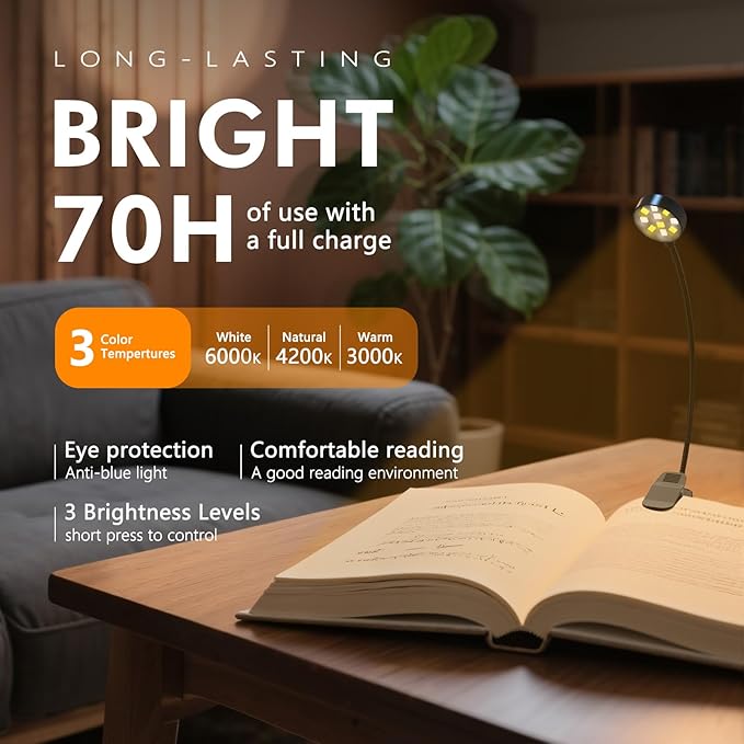 KTEBO 2 Pack 10 LED Rechargeable Book Light for Reading in Bed - Eye Caring 3 Color Temperatures, 3 Adjustable Brightness, Long Runtime Small Lightweight Clip On Book Reading Light for Studying