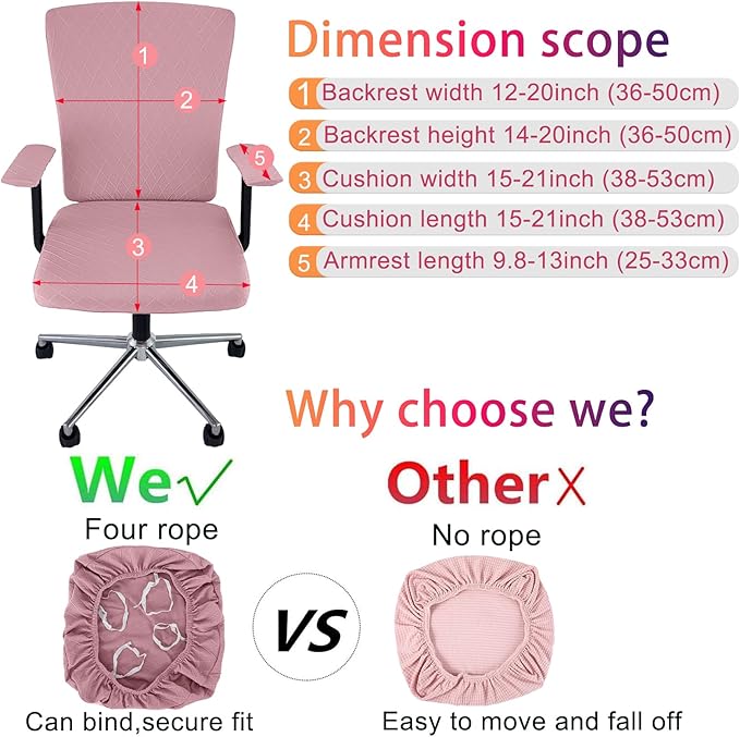 4 Pcs Office Chair Cover Set with 4 Extra Elastic Straps Universal Protective Office Chair Covers Stretchable Desk Chair Cover Office Armrest Cushion Backrest for Rotating Chair (Pink)