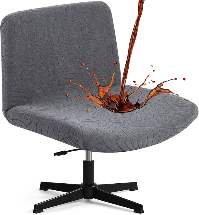 Fuloon Criss Cross Chair Cover, Waterproof, Stretchable, Solid Jacquard, Suited for Armless/Office/Desk/Mid Back Wide Seat/Computer/Task/Vanity/Accent Chair (Leaves -Shaped Jacquard, Dark Grey)