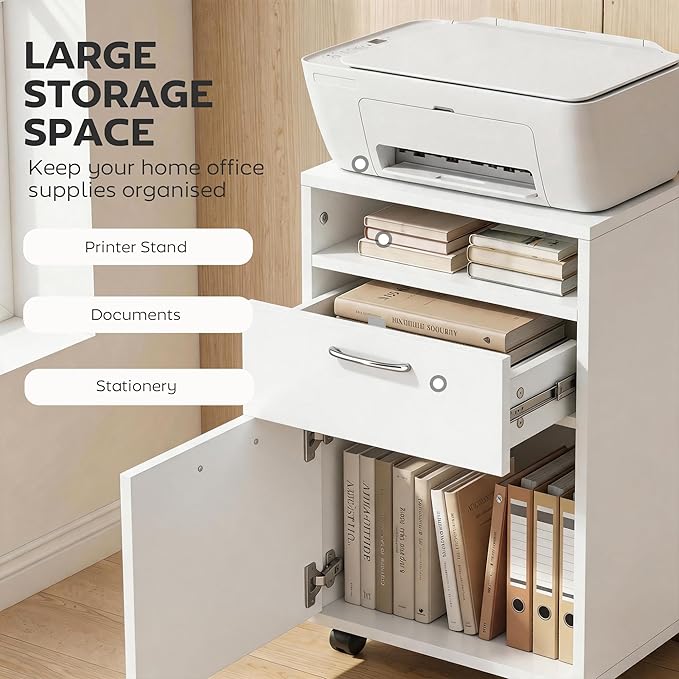 HOMCOM Mobile Storage Cabinet Organizer with Drawer and Cabinet, Printer Stand with Castors, White