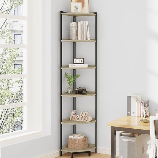 Hzuaneri Corner Shelf Stand, Corner Bookshelf, Storage Standing Shelf Unit with Metal Frame, Plant Stand, Bookcase for Living Room, Home Office, Bedroom, 6-Tier Greige CS06005B