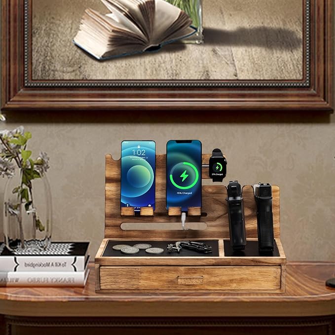 DGWJSU Phone Docking Station as Gifts for Men, Wood Pistol Rack As Nightstand Organizer for Gun Safe, Phone Charging Station as Gifts for Him Boyfriend Husband Father in Anniversary Birthday Christmas