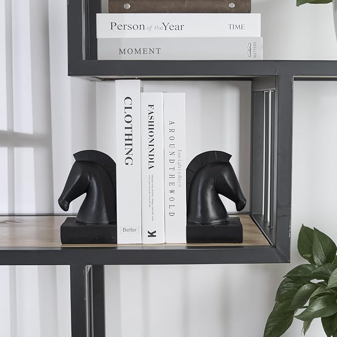Black Horse Head Decorative Bookends - Heavy Duty Non-Slip Book Stoppers, Horse Statue Book Ends for Shelves, Modern Equestrian Ornaments for Home Farmhouse Shelves Office Lover Gift