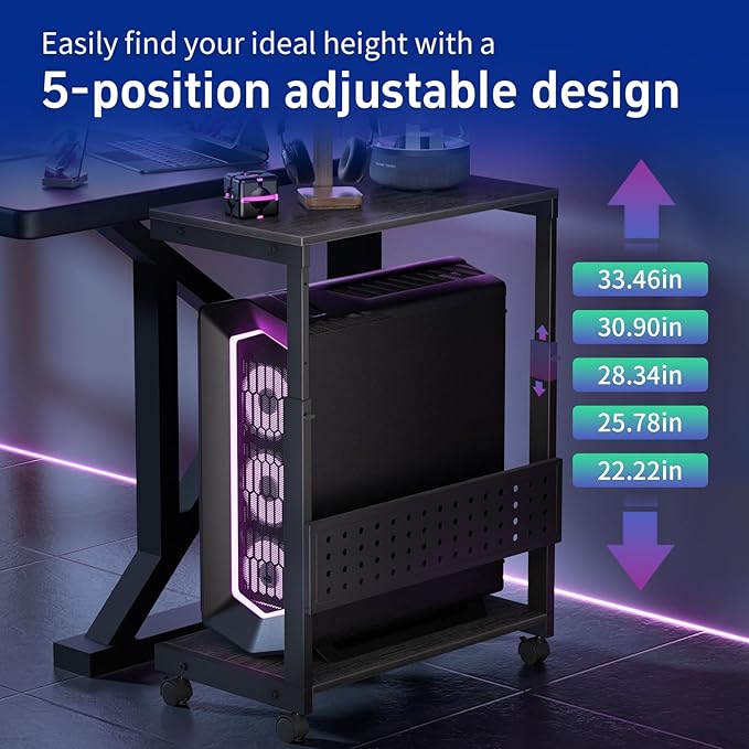 Computer Tower Stand/PC Tower Stand with Wheels, Dual Tier & 5-Level Adjustable CPU Holder Cart (23.2-33.5") — Under Desk Floor PC Stand for Gaming & Home Office [Black]