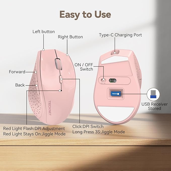 TECKNET Rechargeable Mouse with Jiggler, Plug & Play, 2.4G Connection with USB-C Adapter, Silent Mouse Quiet Click, 6400 DPI Ergonomic Mouse, Cordless Computer Mice for Laptop, Desktop, PC