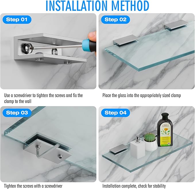 Ranbo 2 Pcs Frameless Glass Clamp Brackets for Shelf and Shower, Heavy Duty Wall Mount Rectangular Holders for 1/4" to 1/2" Panels, Satin Brushed Finish Hardware